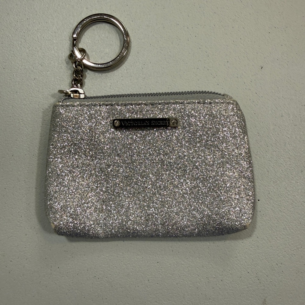 Victorias Secret Womens Coin Purse Silver Glitter Keychain Glam Y2K